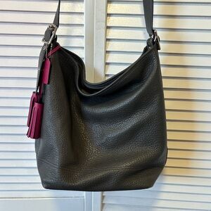 Coach Grey Pebbled Leather Shoulder Hobo with Fuchsia Tassel